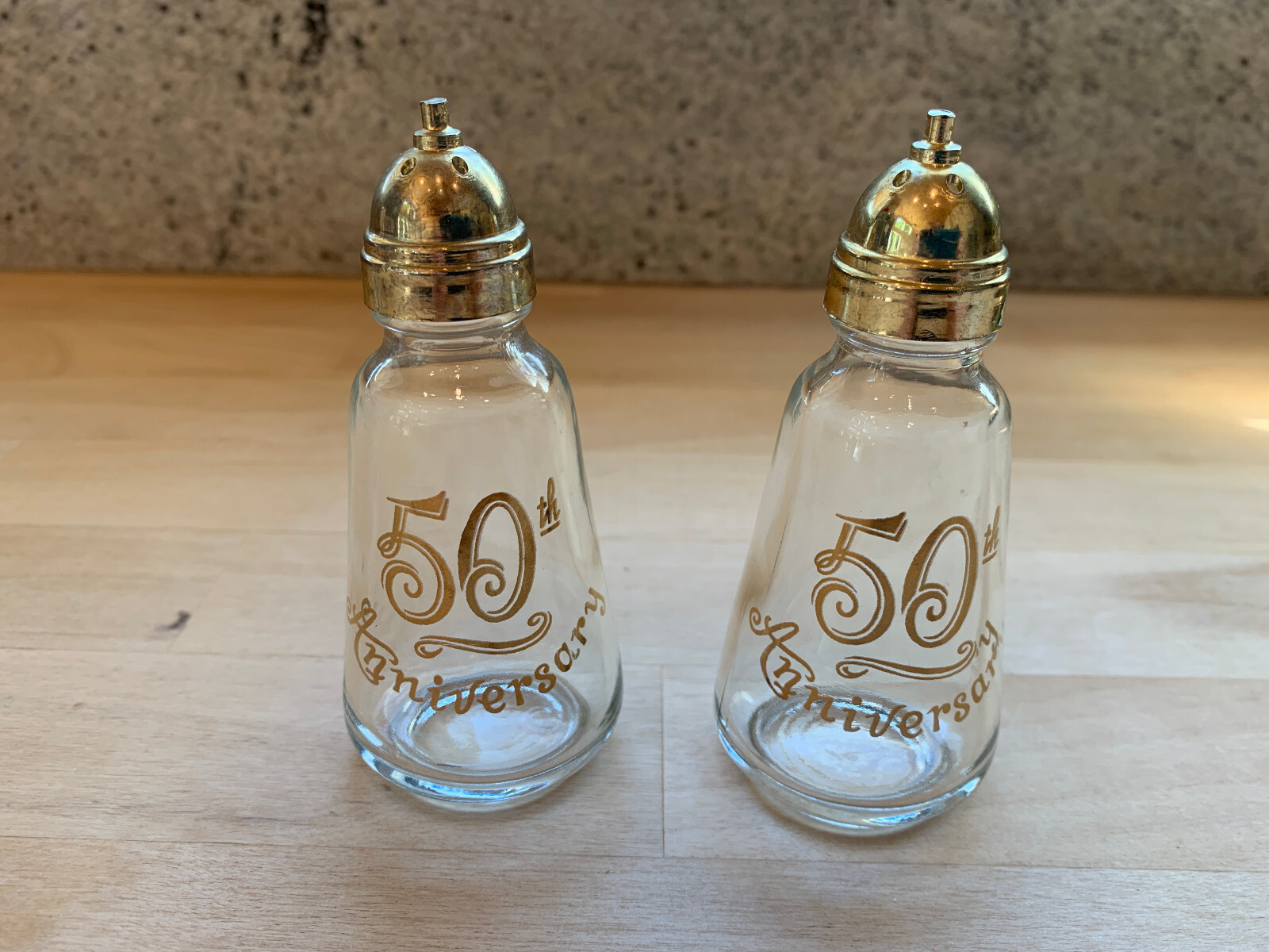 50th Anniversary Clear Glass Salt & Pepper Shakers With Gold Trim