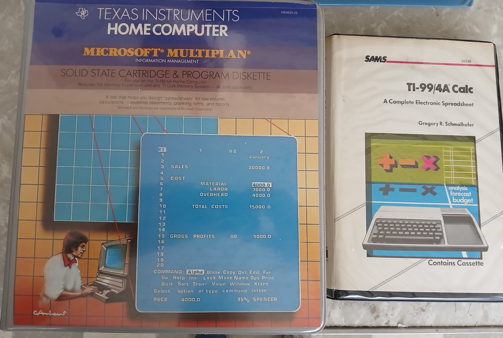 TI 99/4A Microsoft Multiplan Manual, Cartridge, and Disk +  Sams TI 99/4A Calc