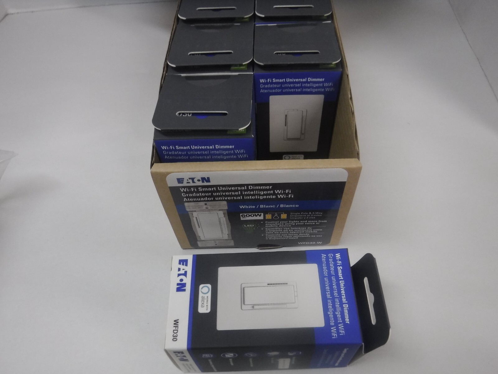 (6) NEW EATON WFD30-W-SP-L Wi-Fi WHITE LED SMART DIMMER SWITCH WITH ALEXA Google