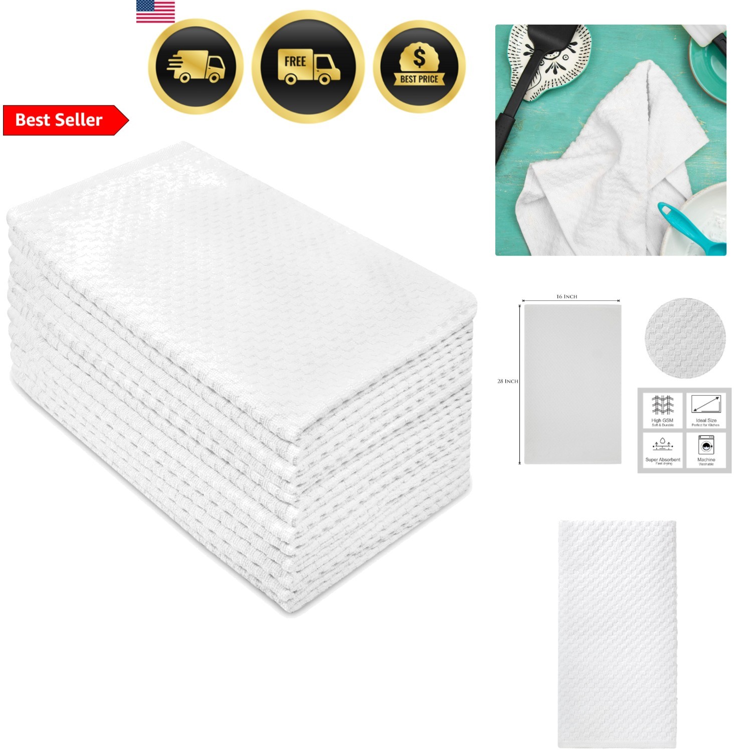 Euro Café Set of 12 Waffle Weave Pure Cotton Super Absorbent Multipurpose Kit...