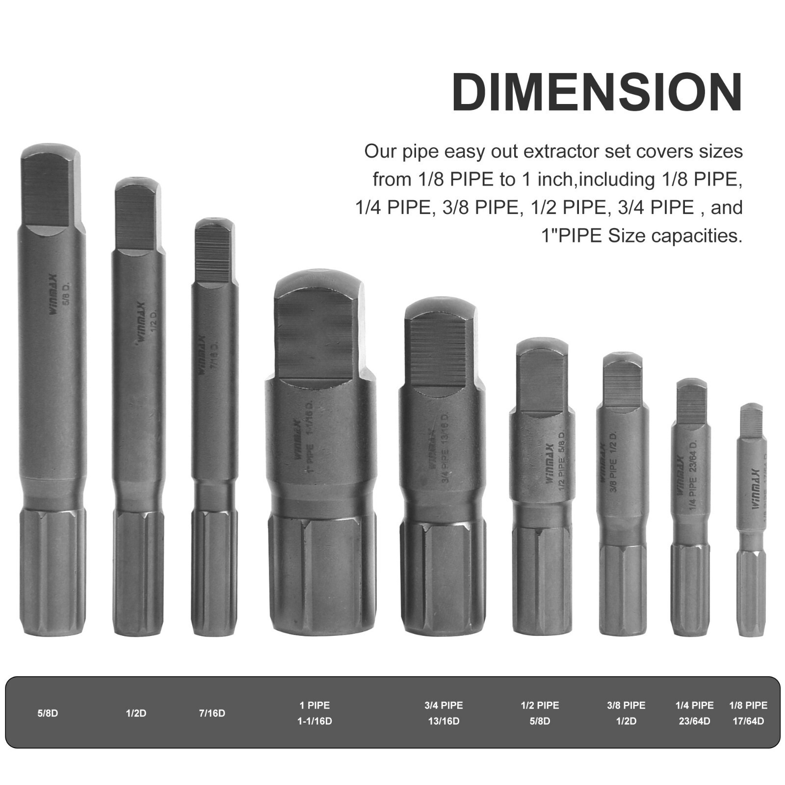 9 Piece Pipe Extractor Set Broken Pipe Extractors 1/8 to 1 Inch Size Range