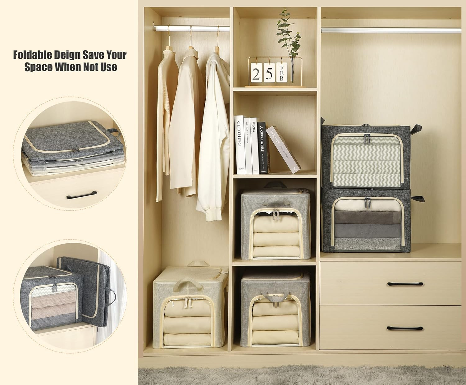 3 Openings Clothes Storage Bins with Metal Frame, Foldable Storage Bin for Cloth