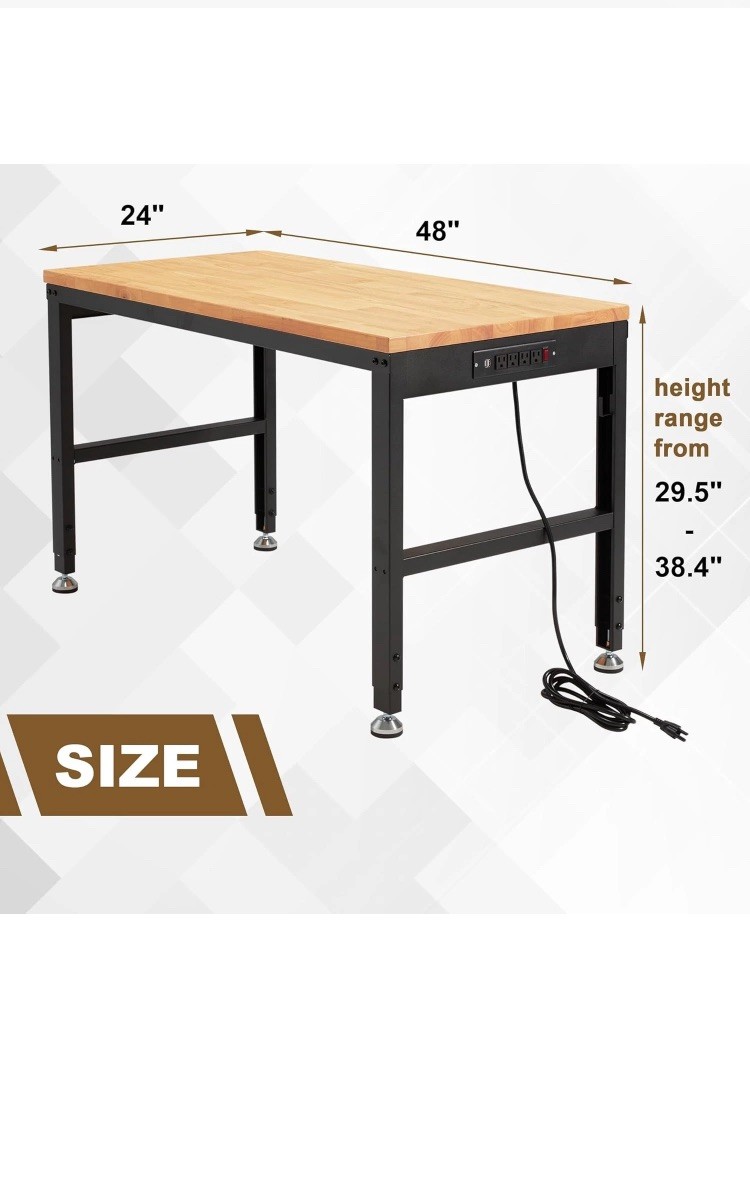 Height Adjustable Workbench 48"x 24" Large Capacity Heavy-Duty Power Outlets
