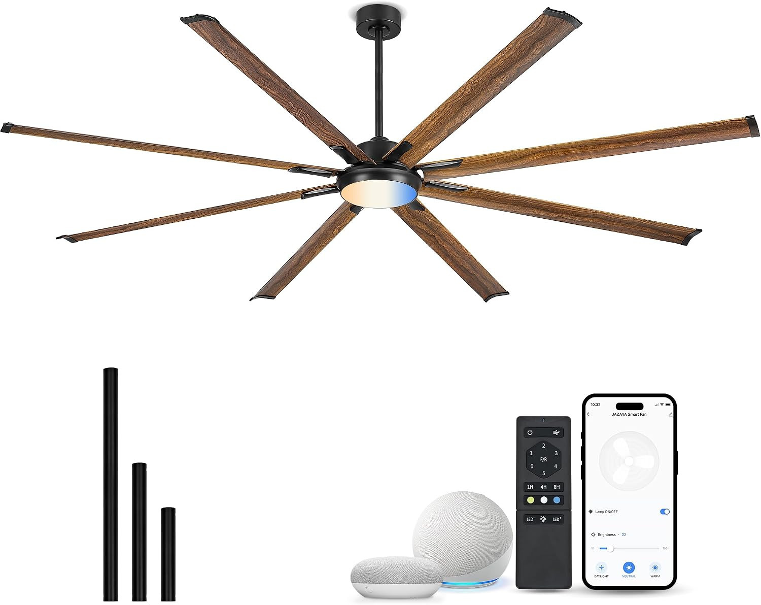 96 Inch Large Ceiling Fan with Light, Aluminum Blades, Wood Grain | 7,400 CFM,69