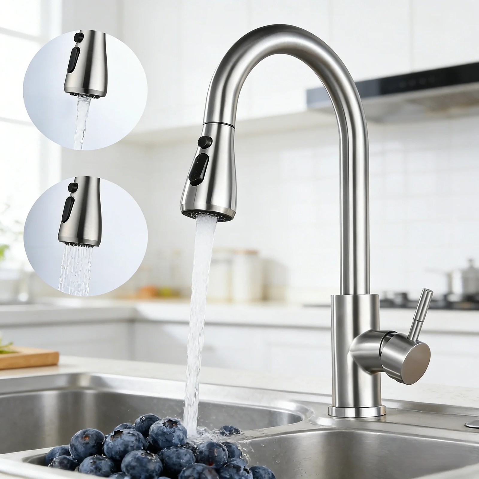 Kitchen Sink Faucet Brushed Nickel Single Handle Swivel Pull Down Sprayer Mixer