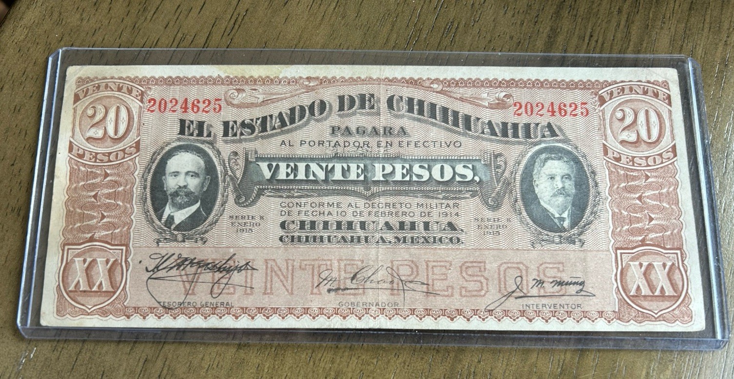 1915 Mexican Chihuahua 20 Pesos Banknote, Mexico Currency Paper