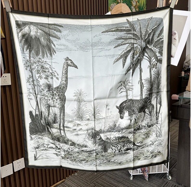 Pure 18 Momme Twill Silk Wrap Scarf Bandanna jungle world Print Square Shawl 35’