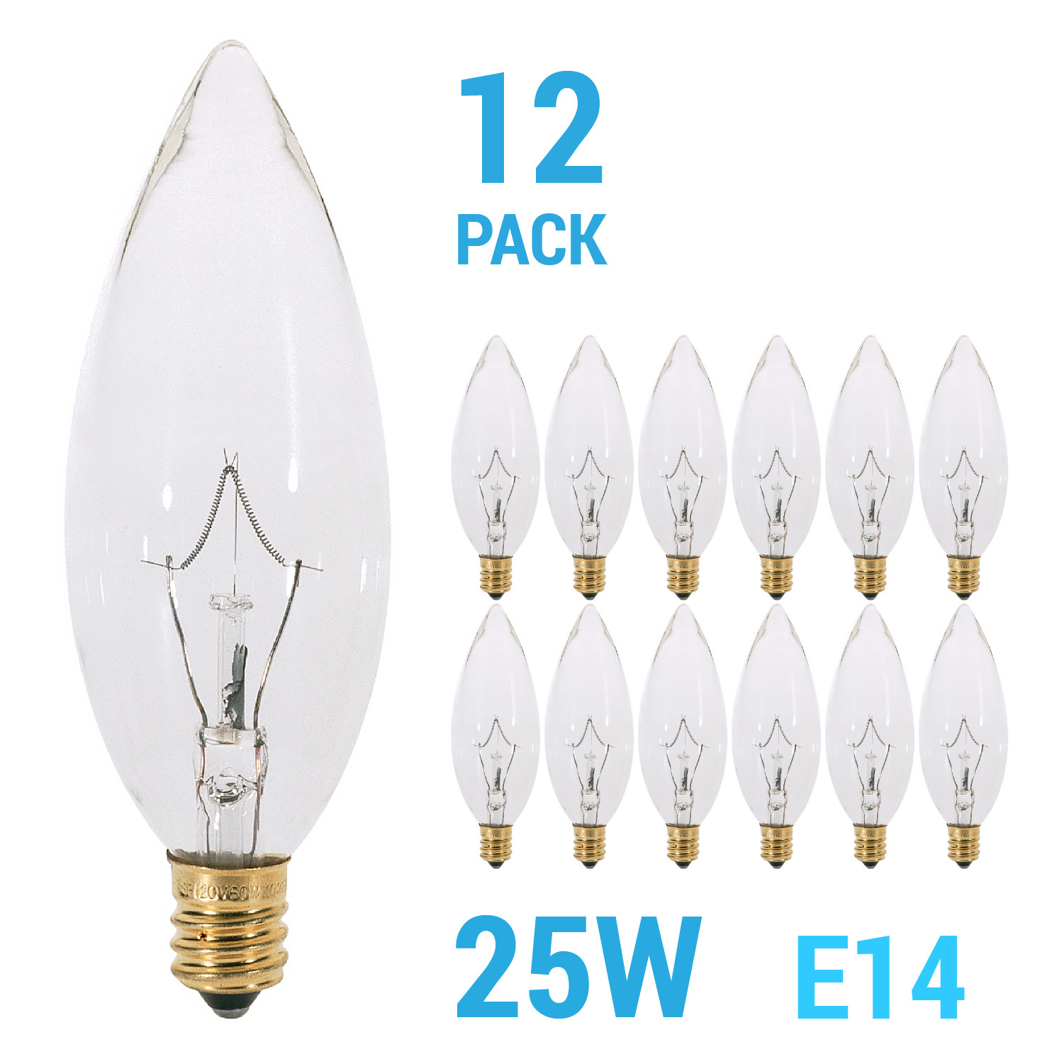 (12 Pack) Clear Chandelier Bulbs 25W Watt European Base E14 Torpedo Tip 120V