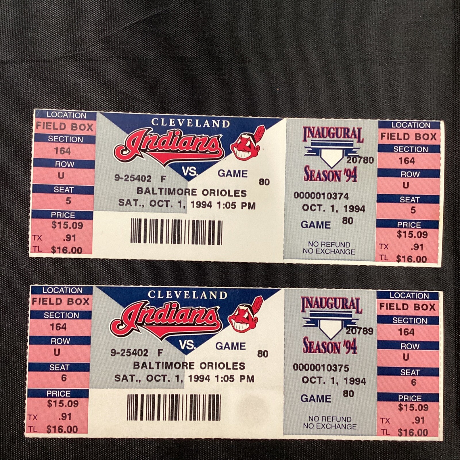 1994 Oct 1 Baltimore Orioles at Cleveland Indians Ticket Pair game not played