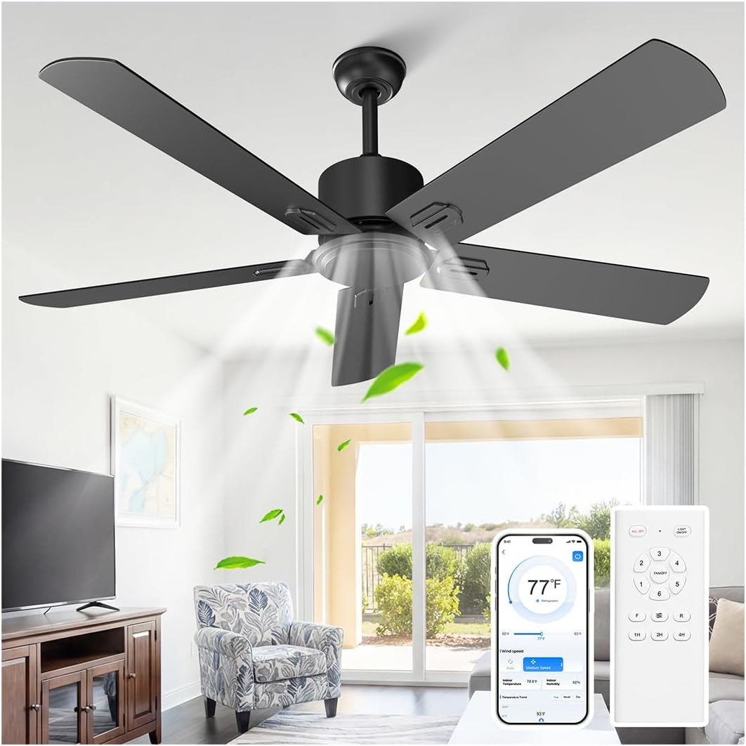 Black Ceiling Fan No Light, 52 in Outdoor Flush Mount Ceiling Fans with Remote C