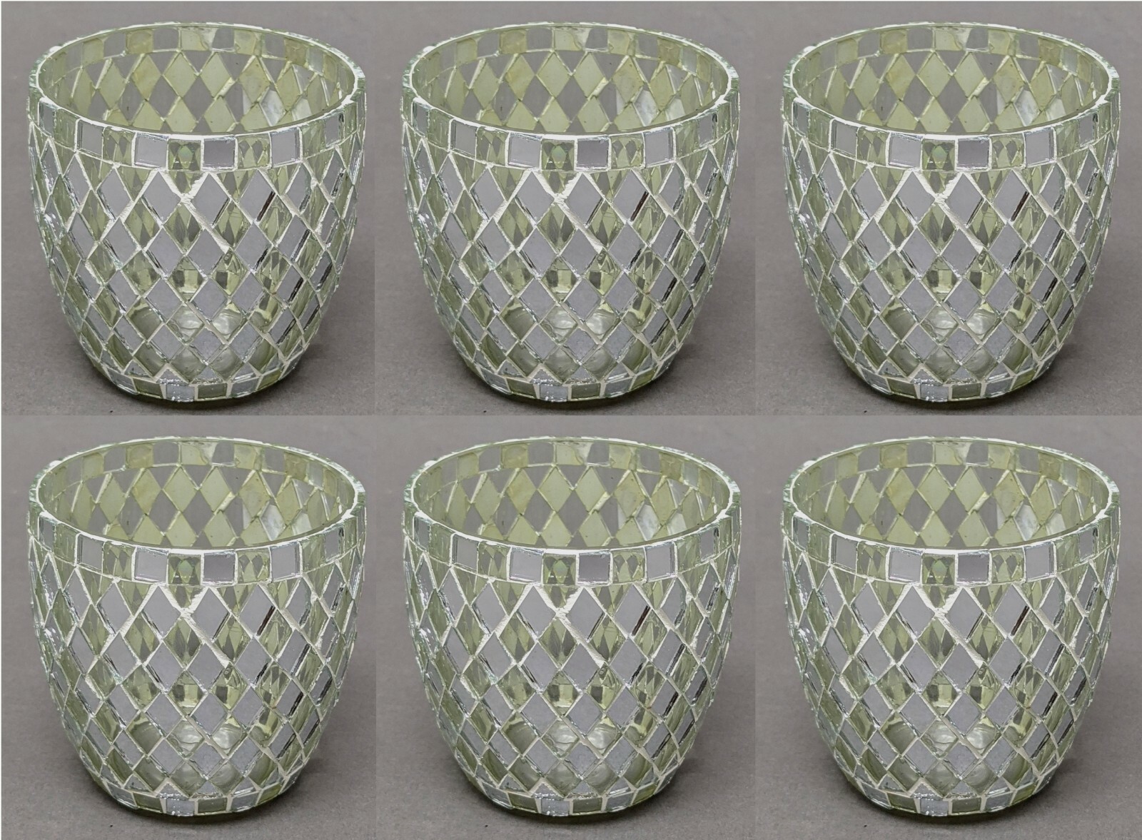 Votive Holder Glass, Mosaic Silver & Clear Chips 2.75"Dia x 3"Tall, Set of 6