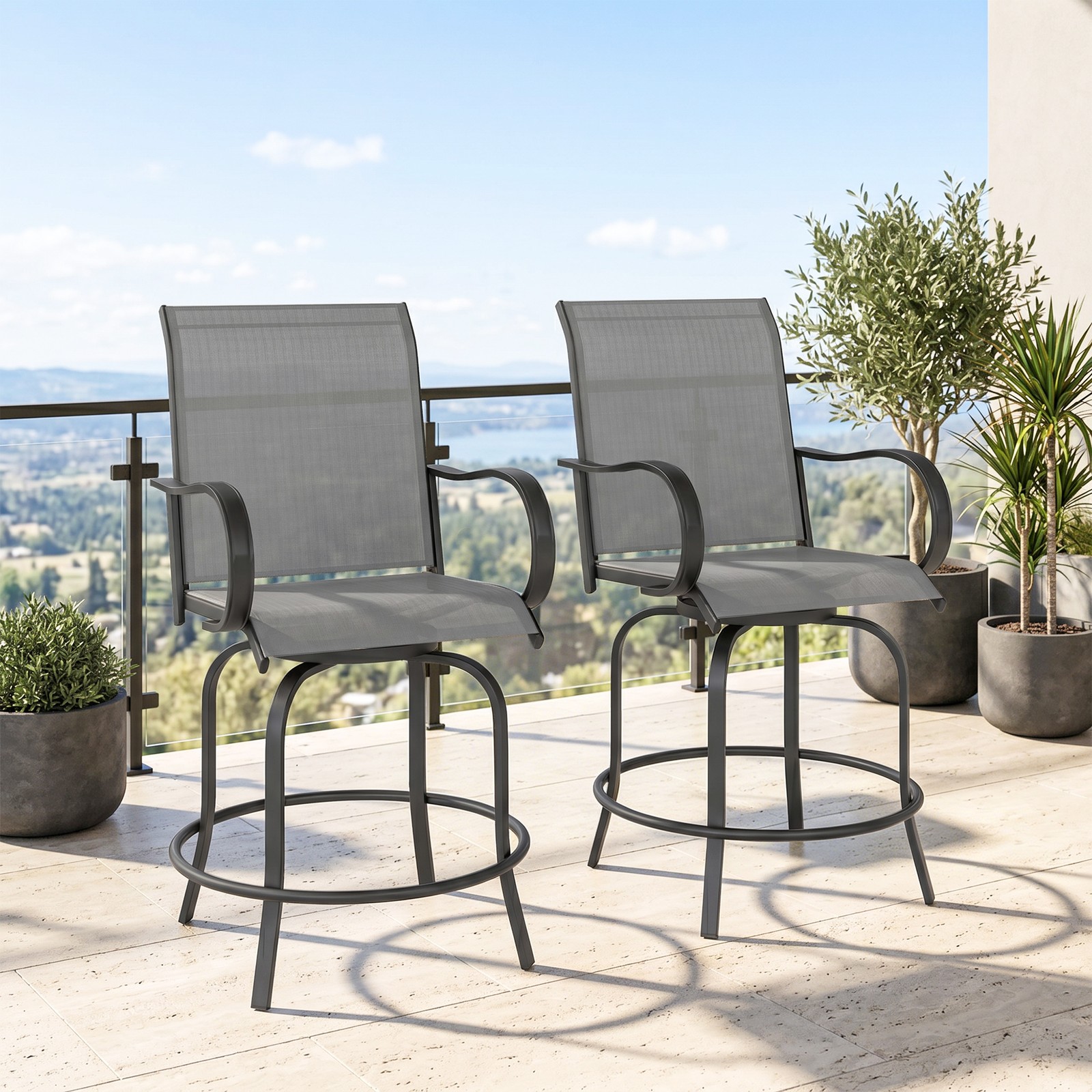 Outsunny Outdoor Bar Stools Set of 2 w/ Armrests, Bar Height Chairs, Gray