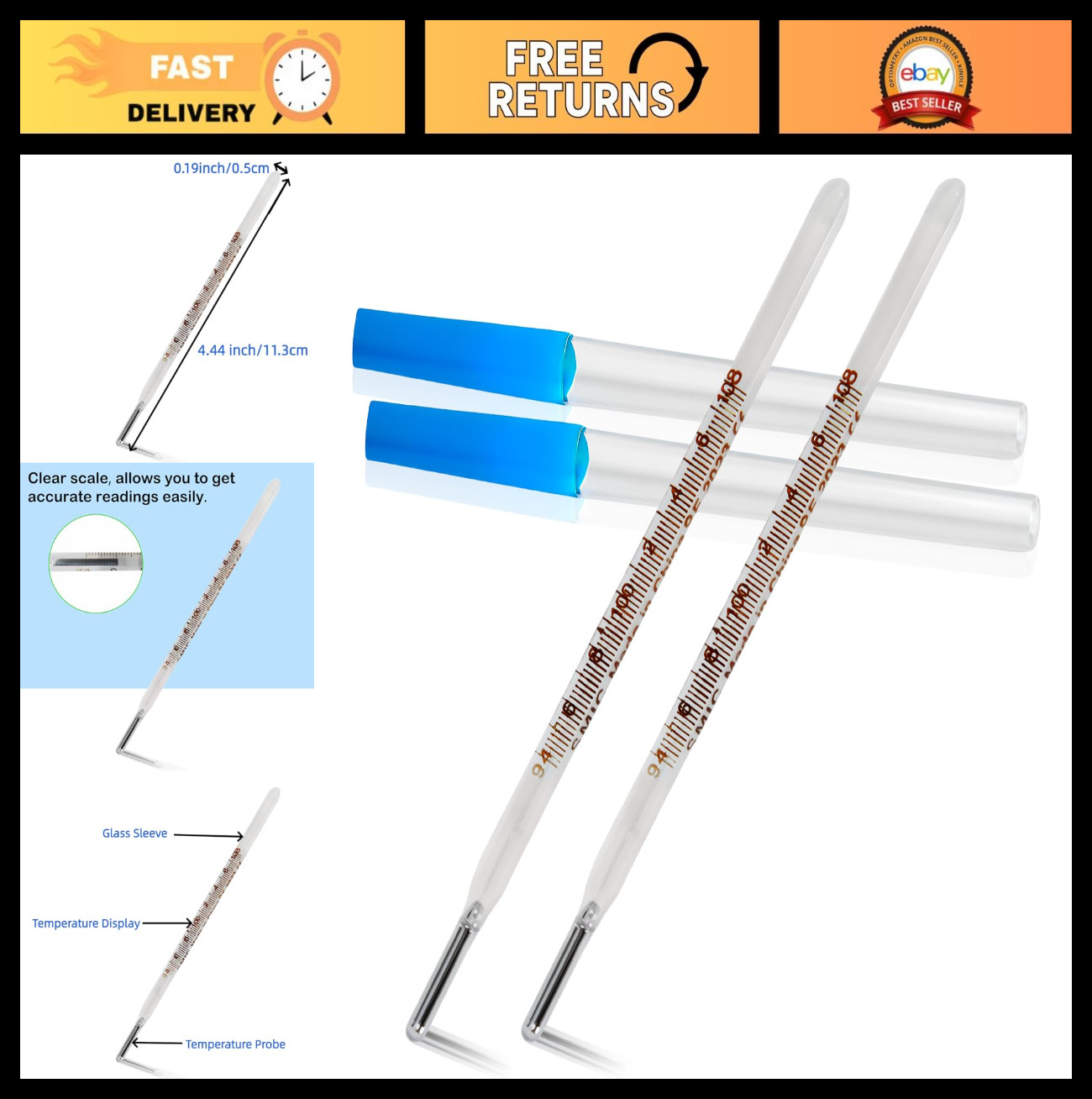2PCS Oral Thermometer for Adults & Kids - Accurate Glass Rectal Temperature Read