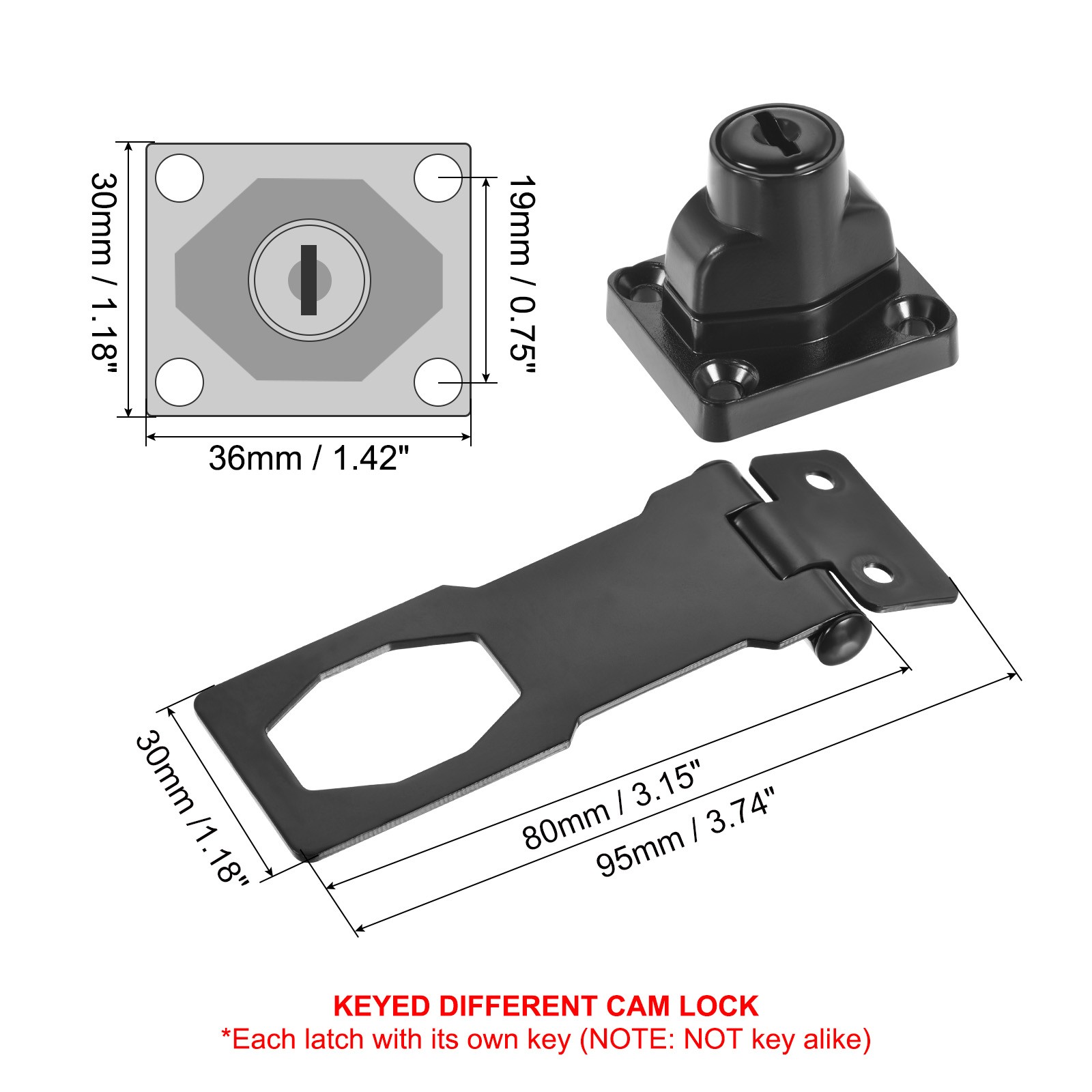 3Pcs 3Inch Keyed Hasp Locks Twist Knob Locking Keyed Different, Black
