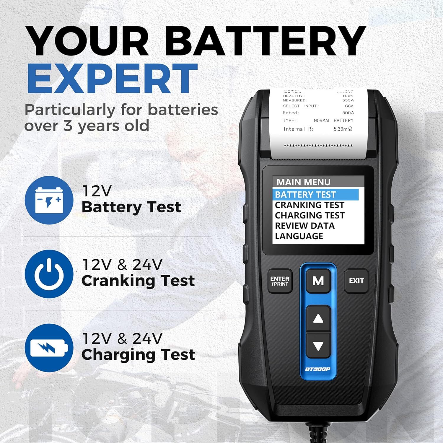 BT300P Battery Tester Compatible with Multiple Battery Types One-Button Printing