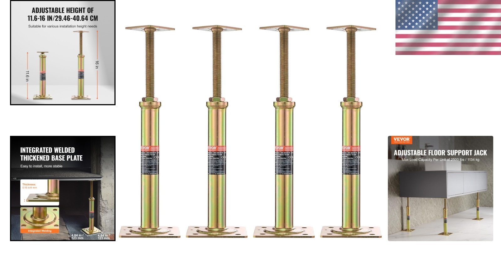 Adjustable Floor Joist Jacks 11.6"-16" Height Range, 10,000 lbs Support, 4 PCS
