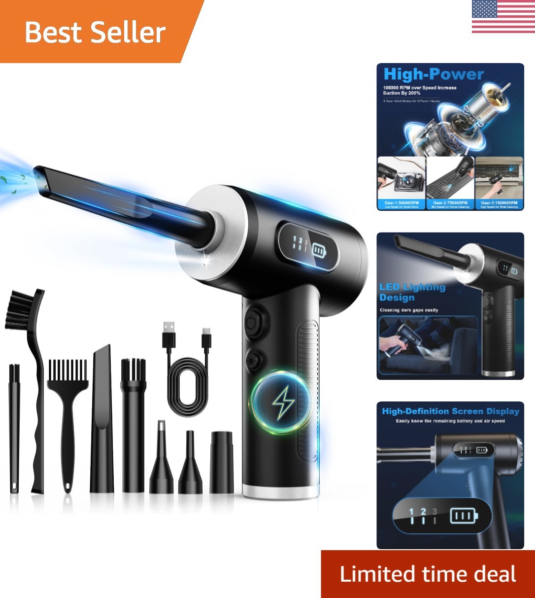 Rechargeable Air Duster with Smart Battery Display - Ultimate Cleaning Tool