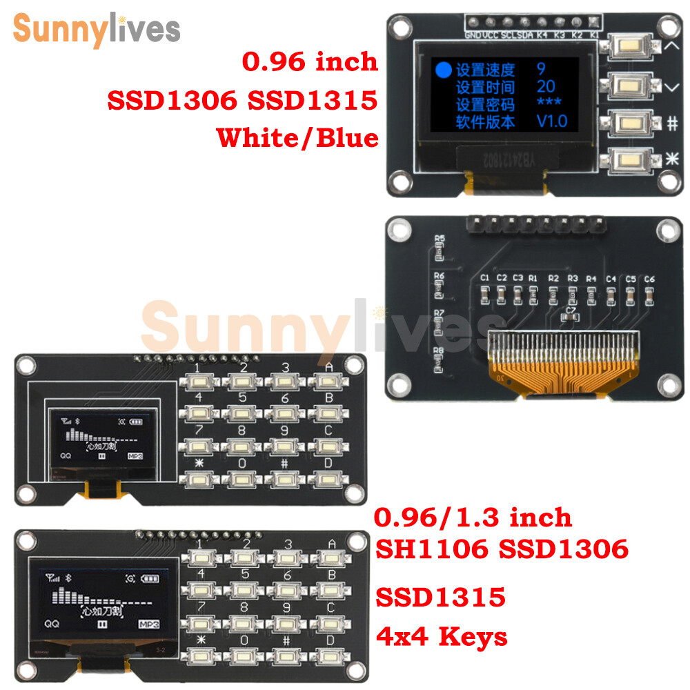 0.96/1.3" OLED Display IIC White/Blue I2C SSD1306 SSD1315 w/4/4x4Key for Arduino