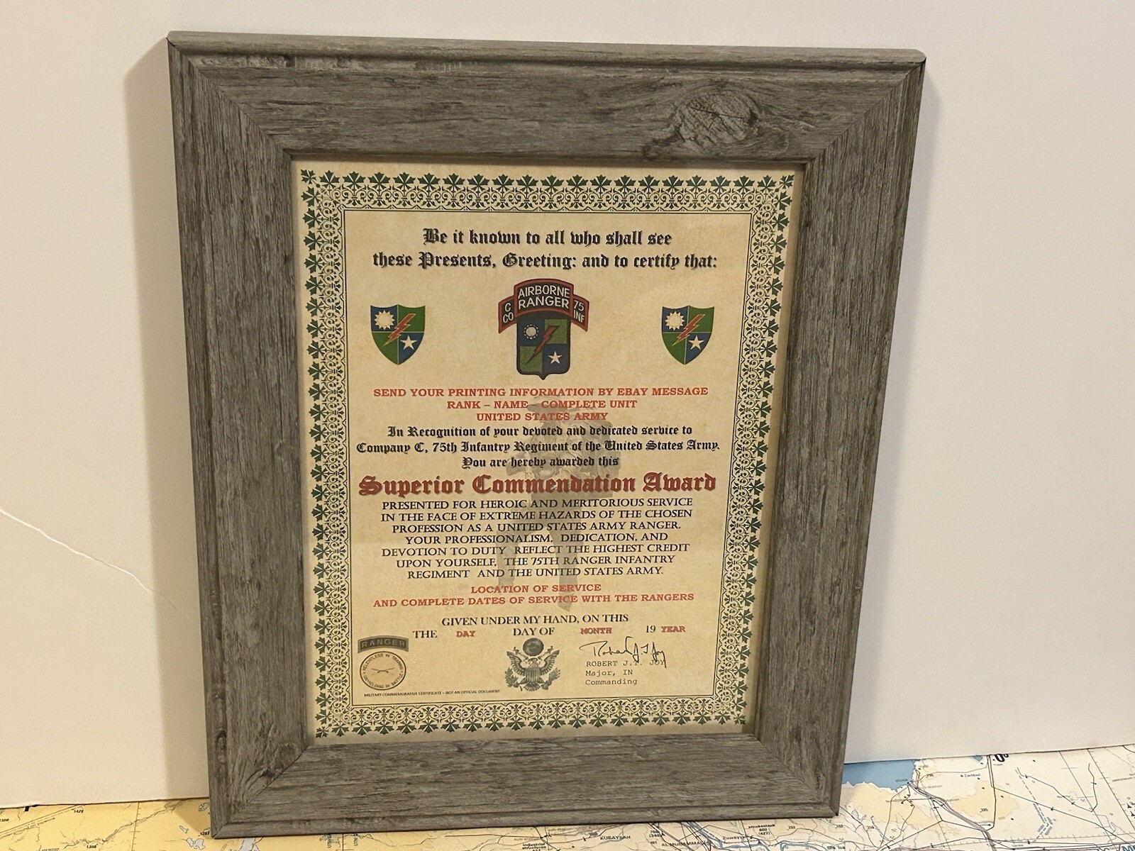 U.S. ARMY - 75TH RANGER / C CO - SUPERIOR COMMENDATION AWARD CERTIFICATE