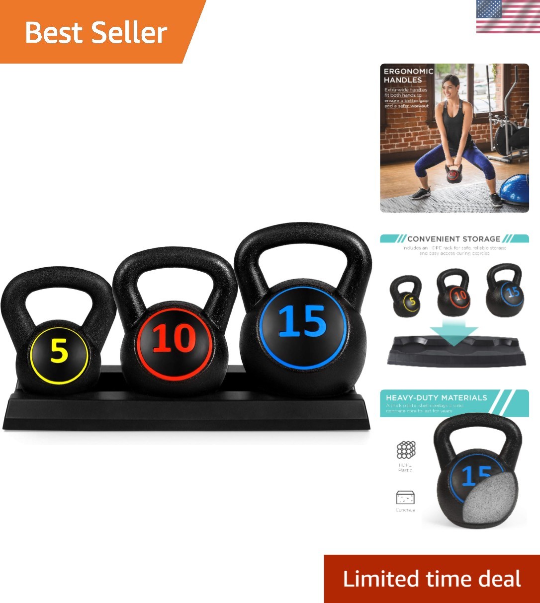 Exercise Kettlebell Set (5-15lb) with Storage Rack for Optimal Fitness