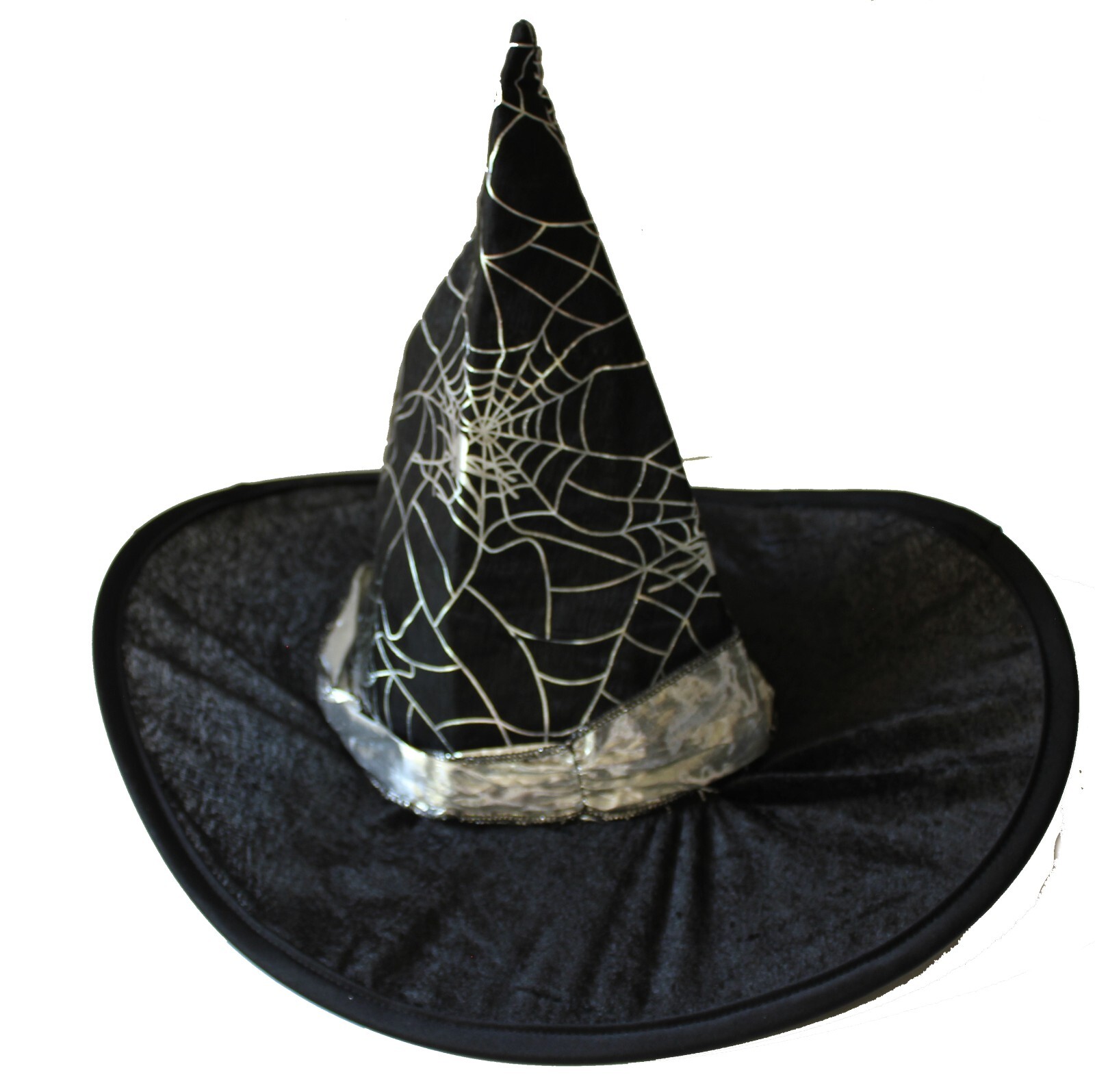 Black and Silver 18" Diameter Witch Hat Web Design, 11" High Costume Accessory
