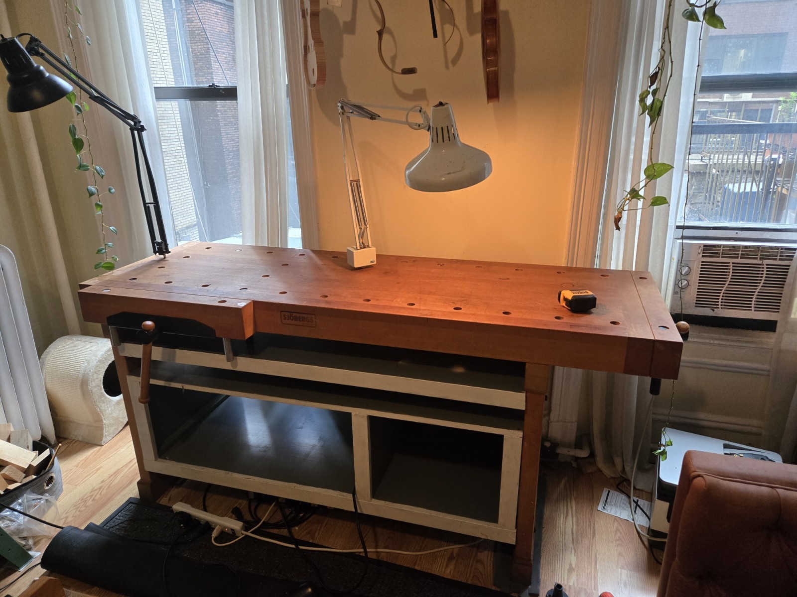 Sjöbergs Wood Work Bench Freestanding w/ Built-In Storage, Brown/Gray