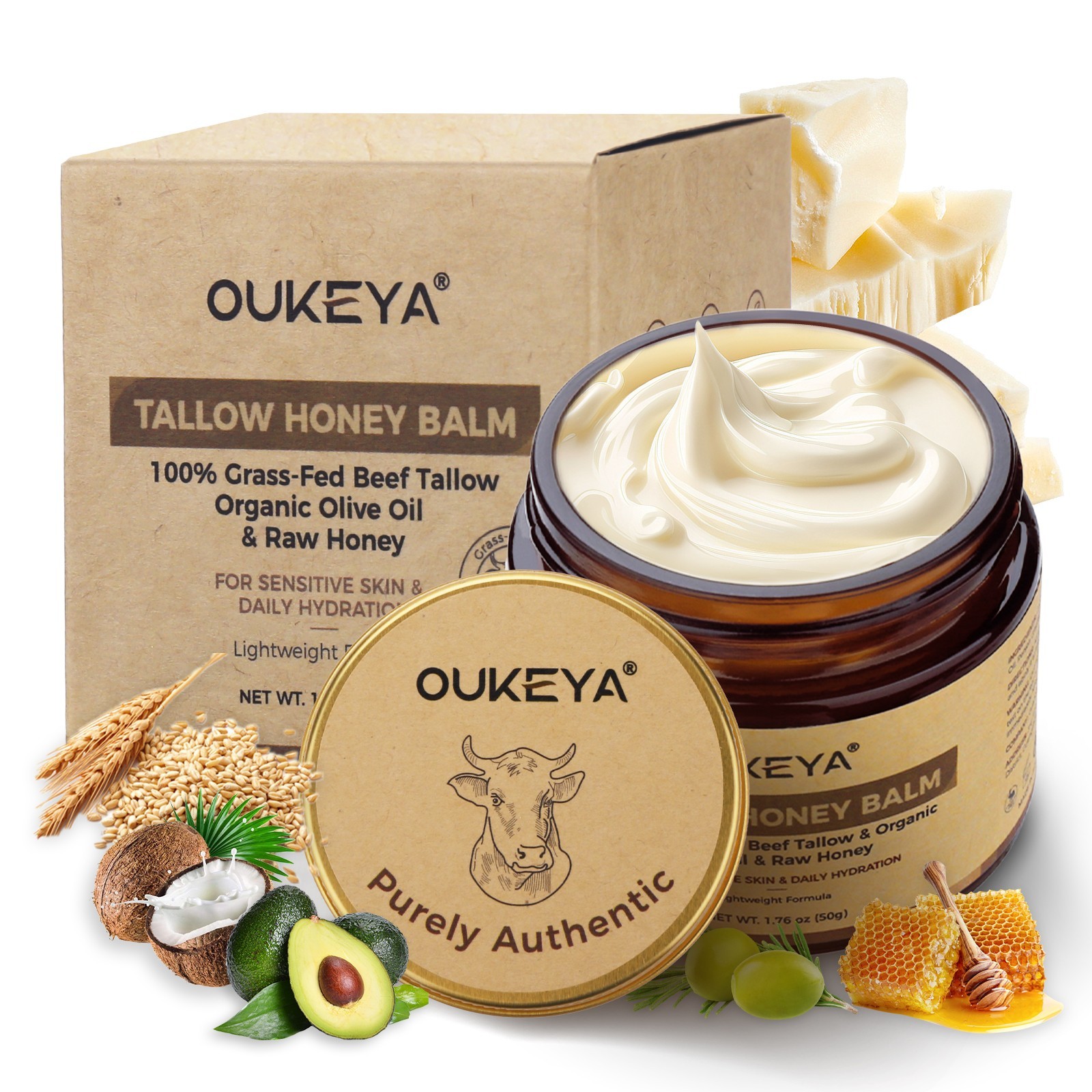 OUKEYA Tallow Honey Balm Hydration Cream For Skin - 100% Grass-Fed 50g