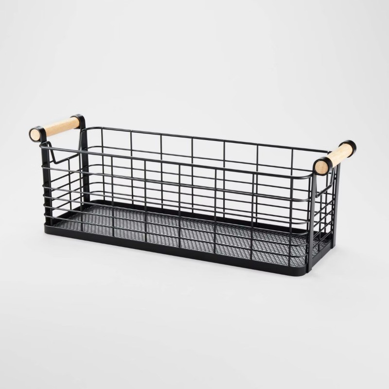 6.25'' x 17.75'' x 6'' Medium Rectangular Wire Natural Wood Handles Basket Black