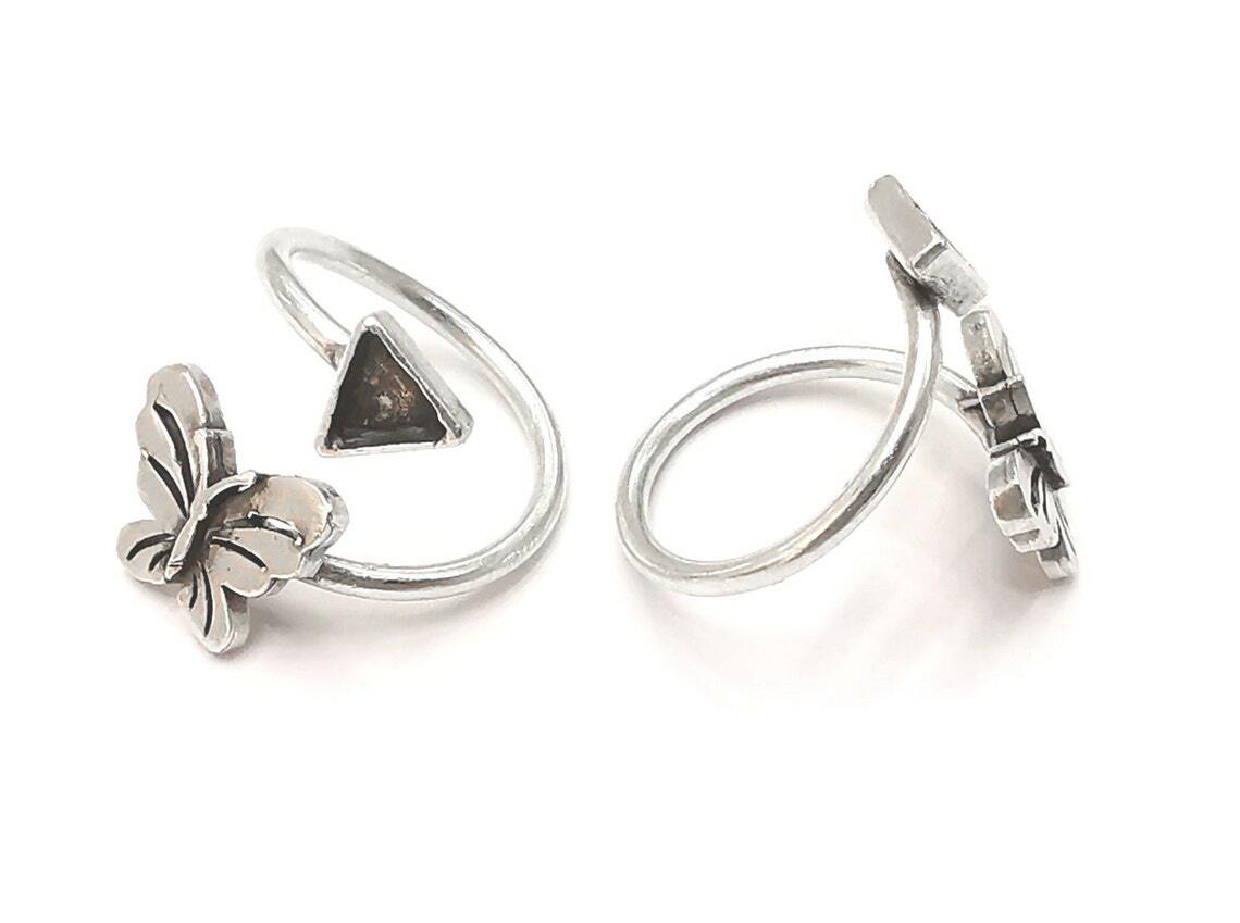 Butterfly Ring Blank Base Silver Round Setting Cabochon Adjustable Brass G26171