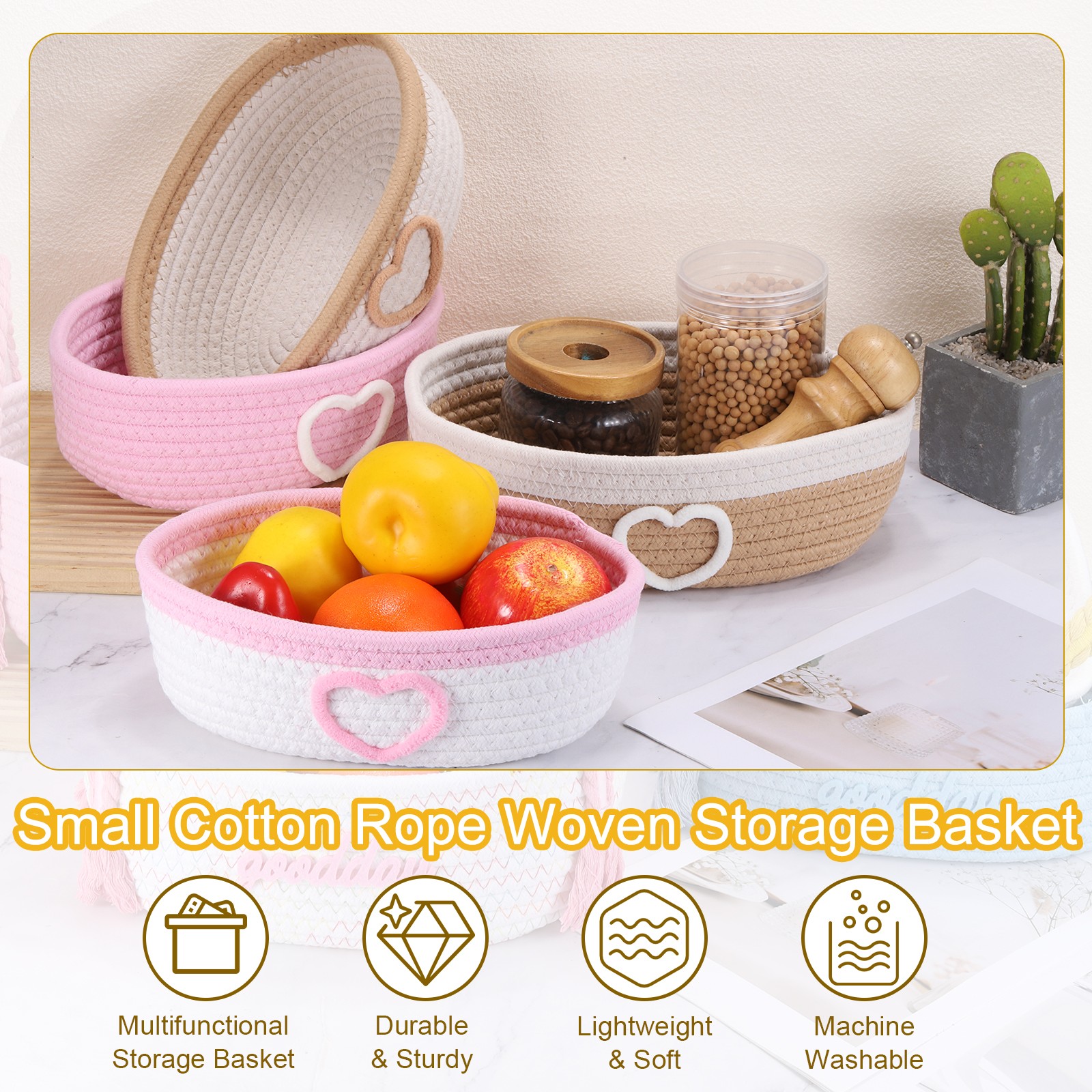 Rectangular Rope Basket 10x5.9x3.1Inch Small Woven Baskets White/Pink,