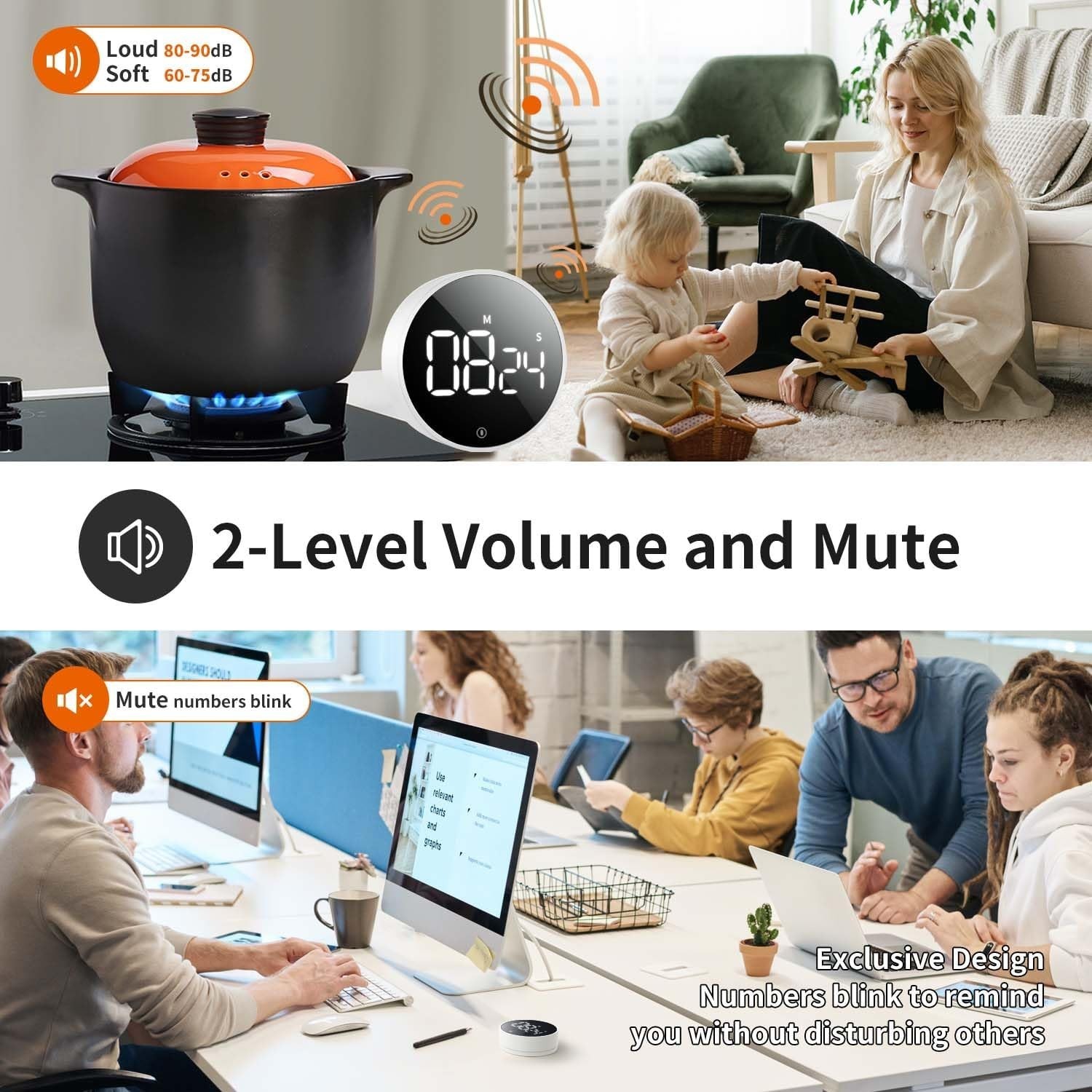 Digital Kitchen Timer - Magnetic Countdown Countup Timer with Large LED Displ...
