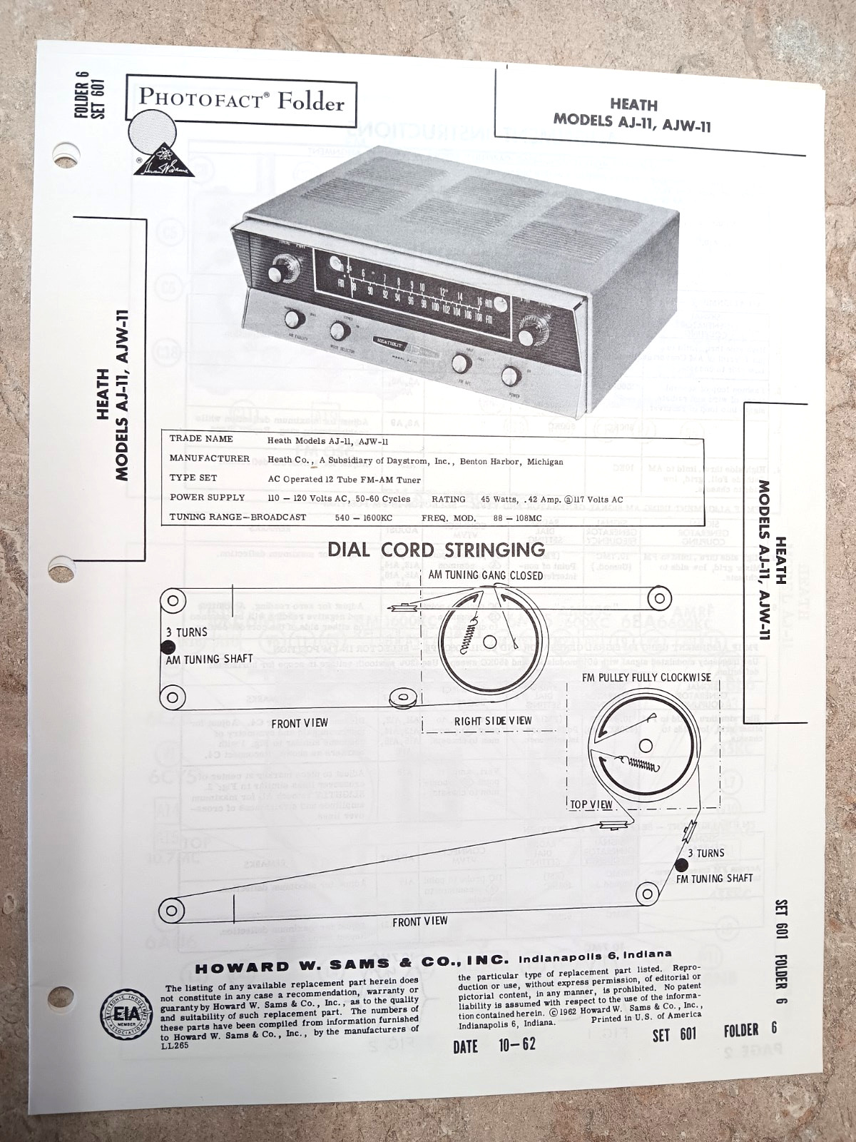 NOS SAMS PHOTOFACT SERVICE MANUAL 601/6 HEATH AJ-11 AJW-11 am fm tuner