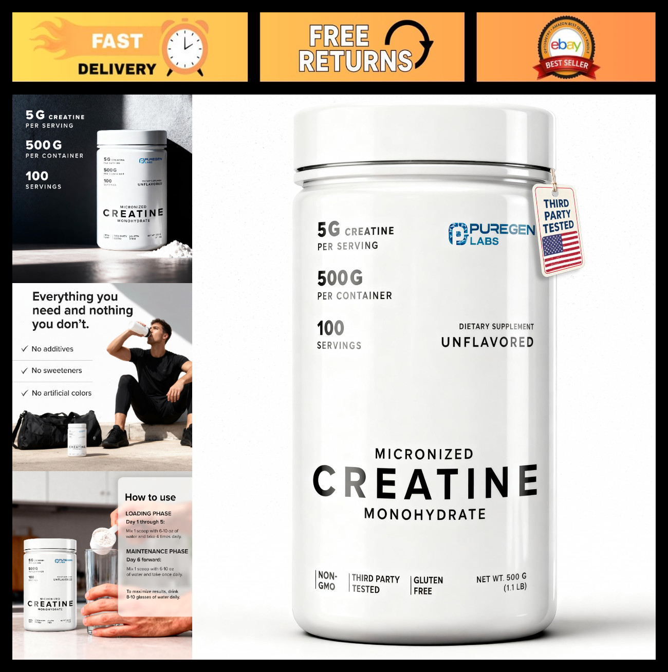 Micronized Creatine Monohydrate Powder 500g - Pure, Unflavored, No Additives, 10