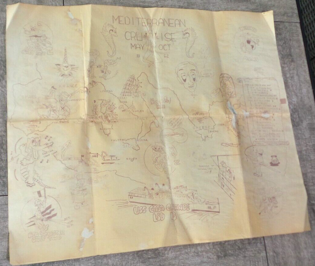 USS Casa Grande LSD13 1962 Mediterranean Cruise May-Oct 1962 Map VERY RARE 24x20