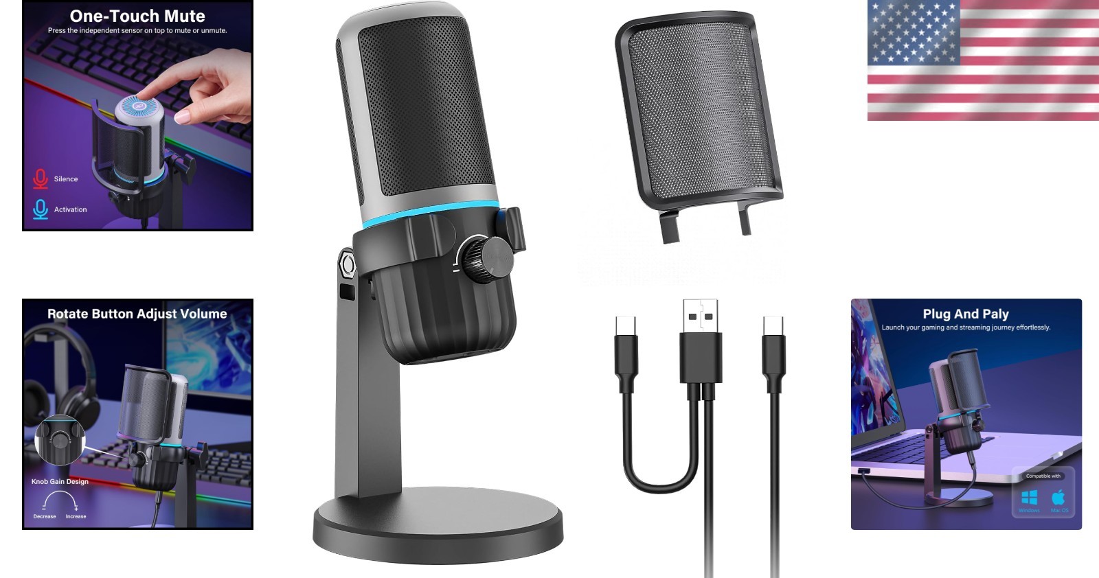 Professional Streaming Microphone with Built-in Headphone Jack & Volume Control