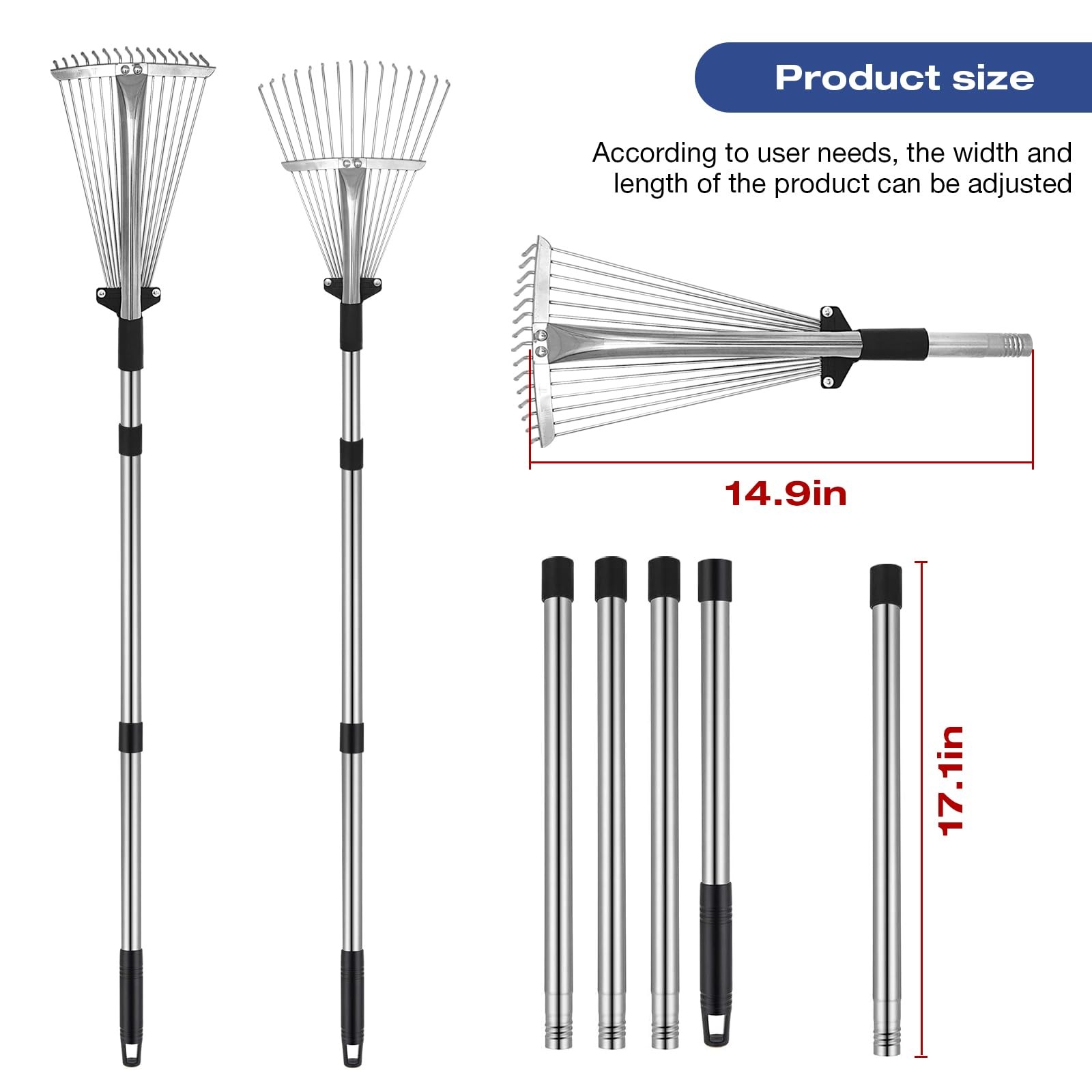 Adjustable MetalLeaf Rake with Telescopic Handle Heavy Duty Yard Tool