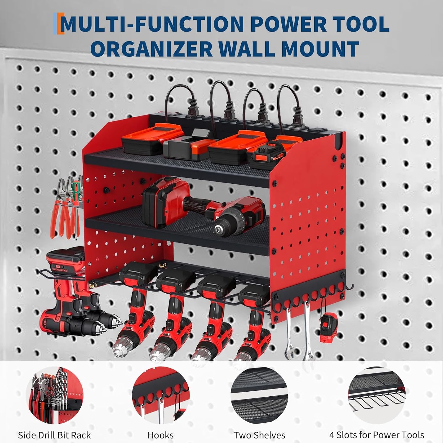 Power Tool Organizer Wall Mount 3-Layer Drill Storage Rack 4-Slot Drill Holders