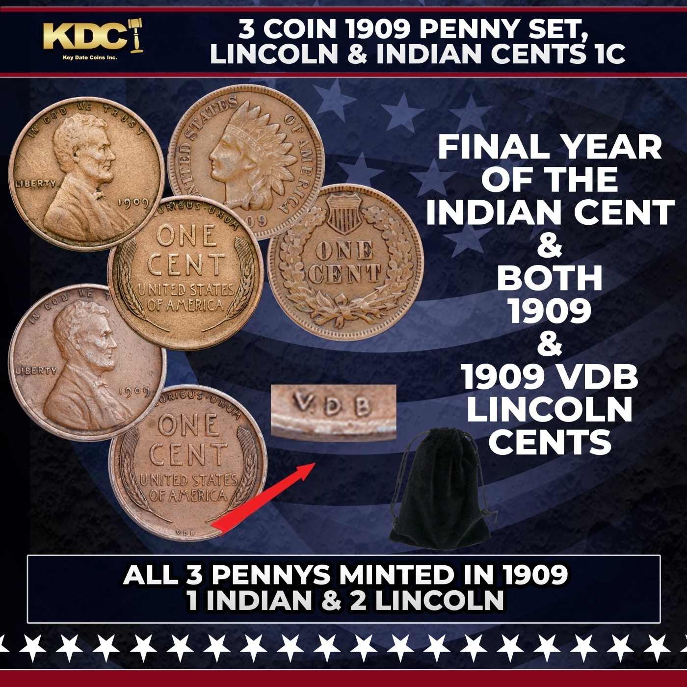 3 Coin 1909 Penny Set, Lincoln & Indian Cents 1c Includes 1909 VDB