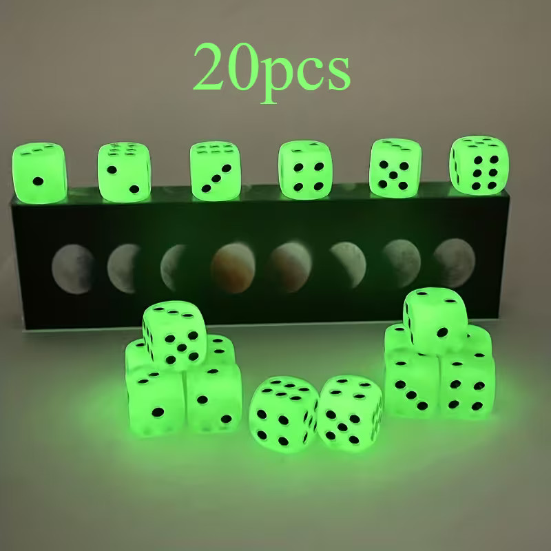 20 Pcs 14mm Resin Glow-in-the-Dark Dice Set - NEW Just Place in Light to Charge!
