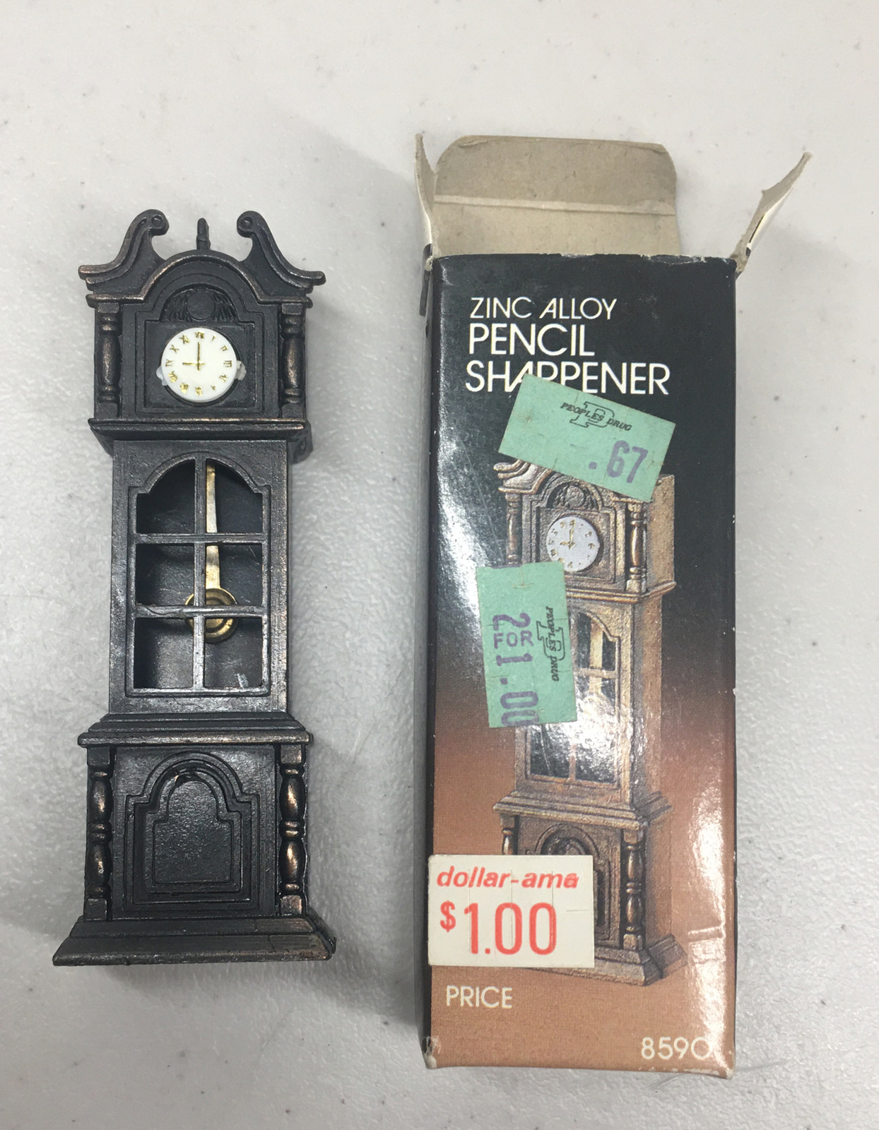 Antique Zinc-Alloy Miniature Pencil Sharpener Grandfather Clock w/ Box 8590