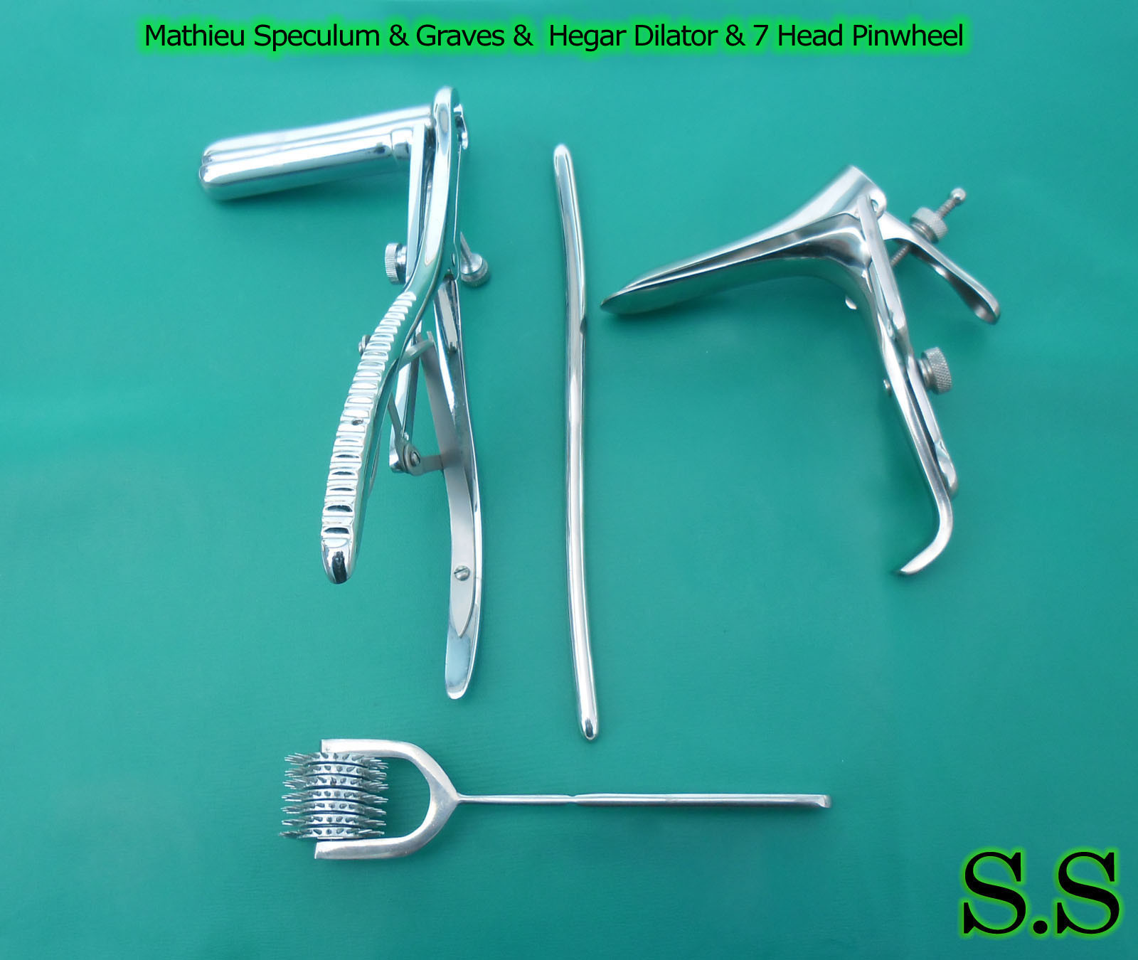 Mathieu Speculum  Hegar Dilator 7 Head Pinwheel & Graves Speculum Large