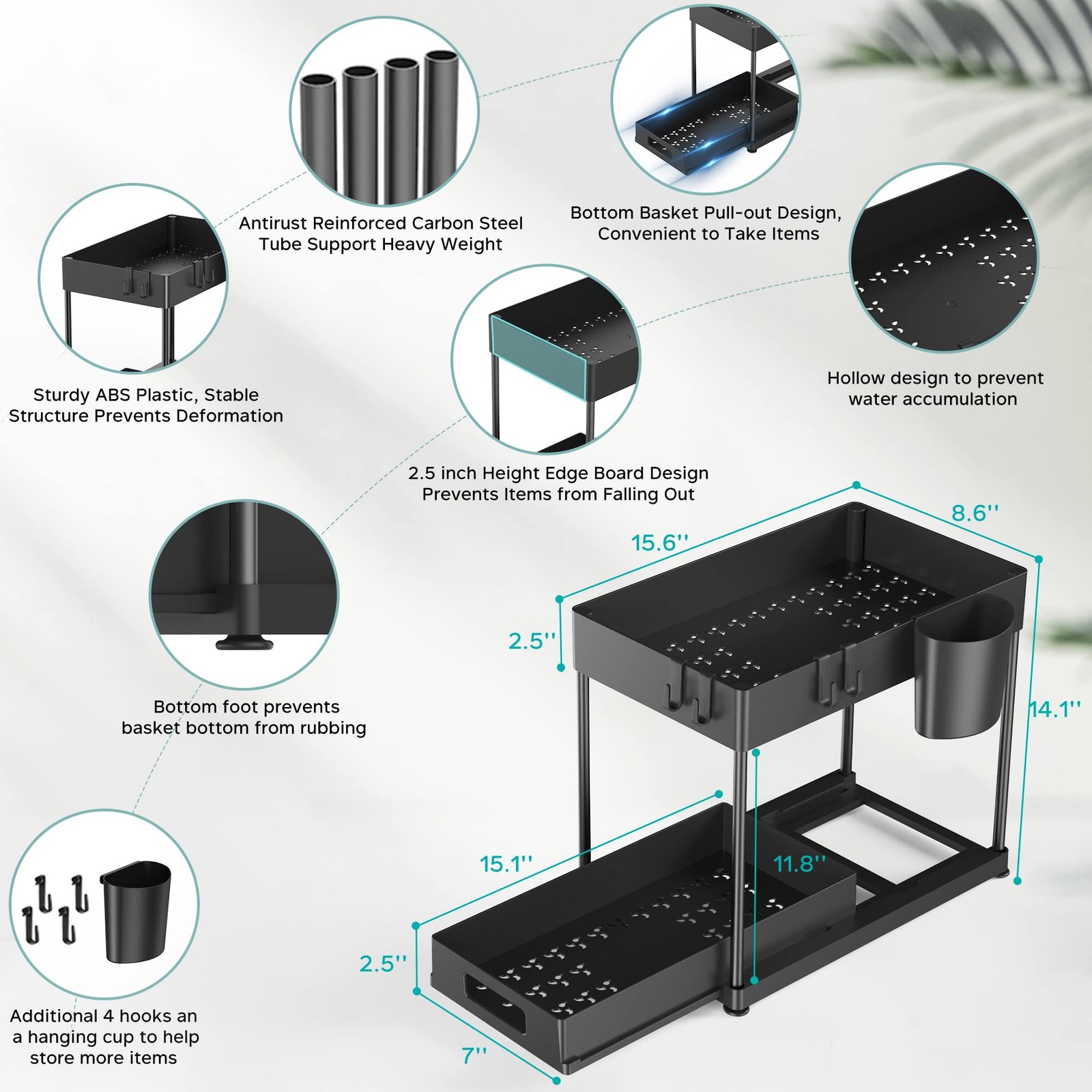 2 Pack Under Sink Organizer with Pull-Out Drawer, Large Single-layer, Black