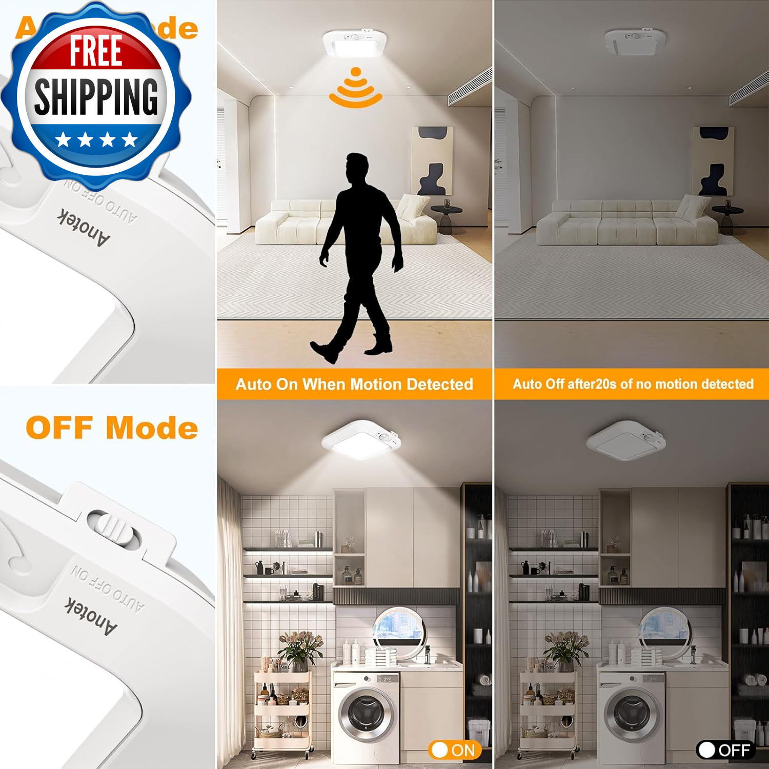 Battery Operated Ceiling Light Motion Sensor Light Indoor Motion Activated...