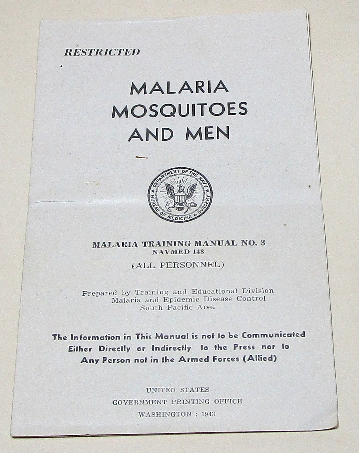 WWII 1943 U.S. Navy Malaria, Mosquitoes and Men pamphlet