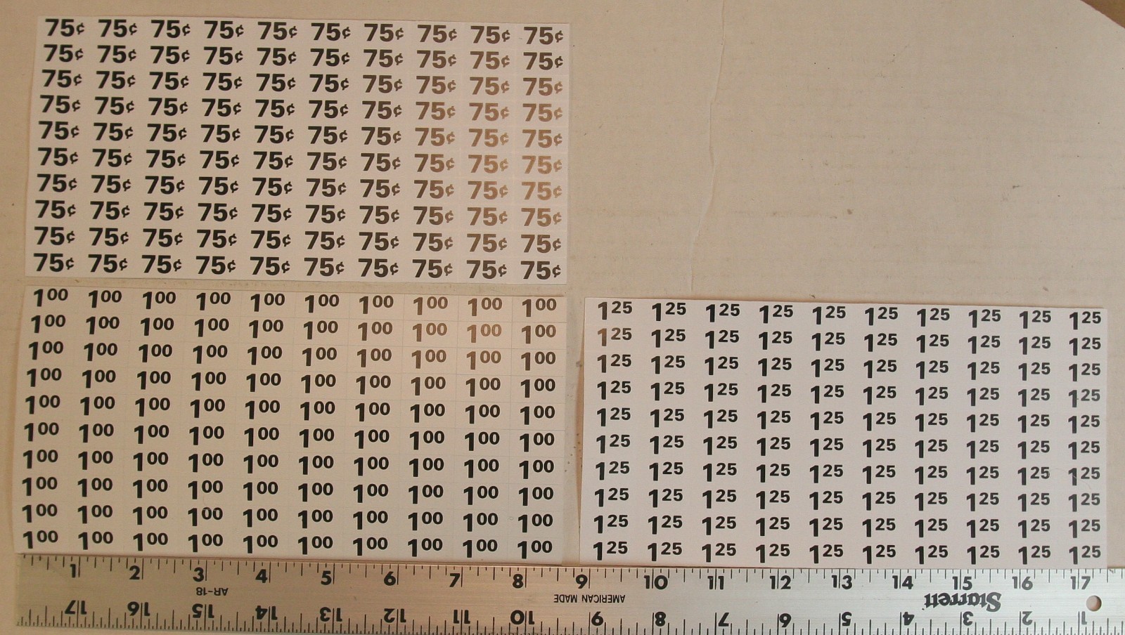 Automatic Products AP snack vending machine price labels $.75, $1.00 & $1.25