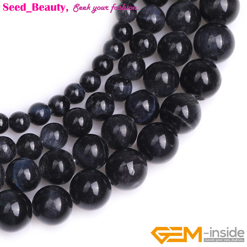 Big Hole Natural Dark Blue Tiger's Eye Stone Loose Beads For Jewelry Making 15"