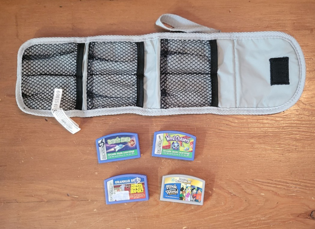 LOT of 4 LeapFrog Leapster Game Cartridges + Carrier ~ Grammar, Math, Reading