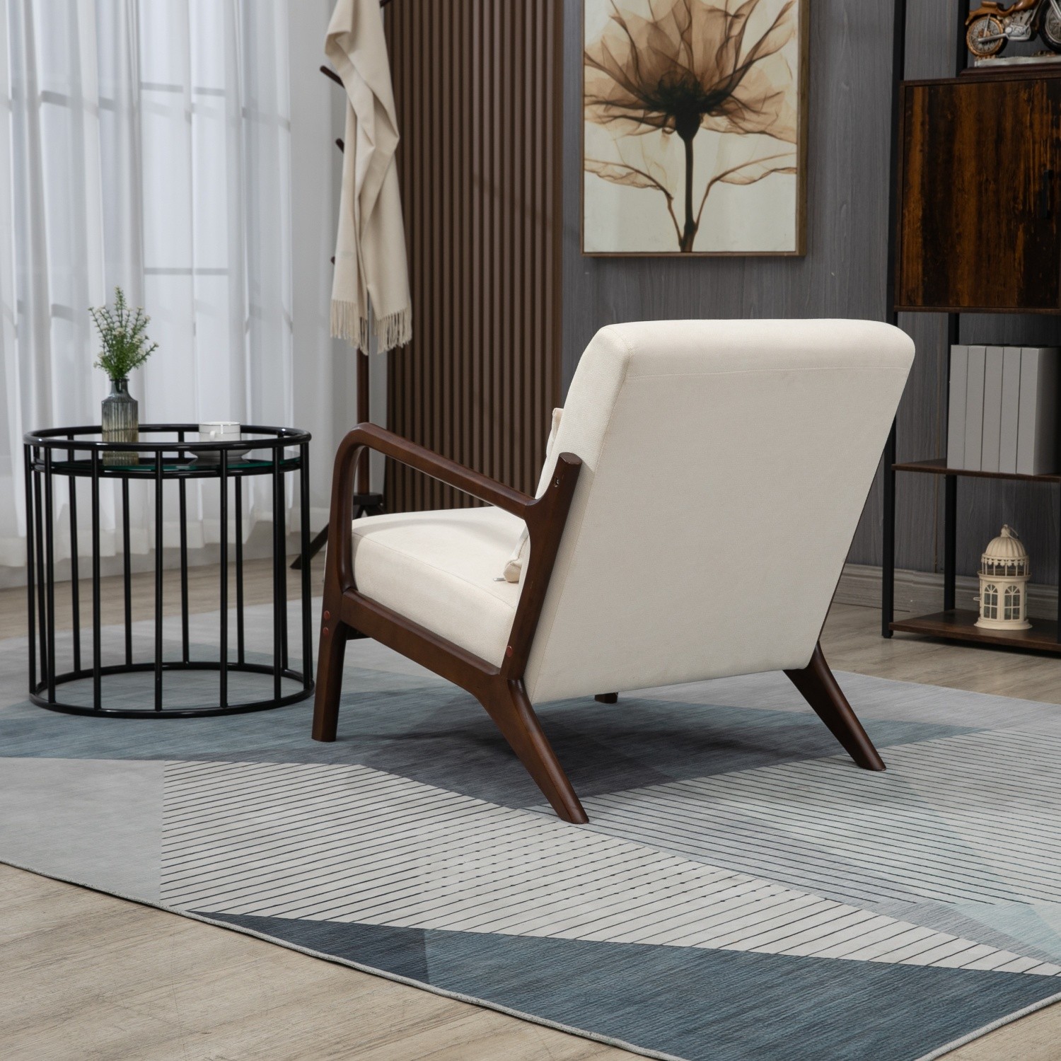 Modern Accent Chair Cotton Linen Upholstered Armchair w/ Wood Frame White/Blue