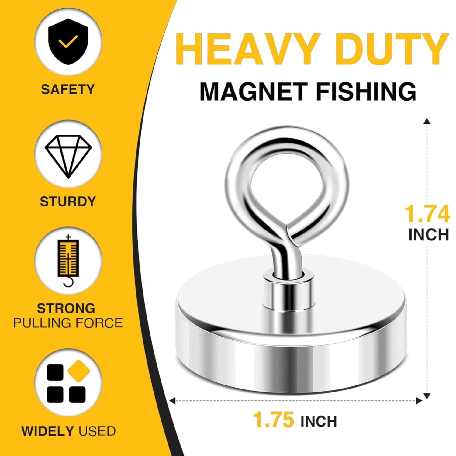 200 lbs Neodymium Fishing Magnet - 1.75 Inch with Countersunk Hole for Retrieval
