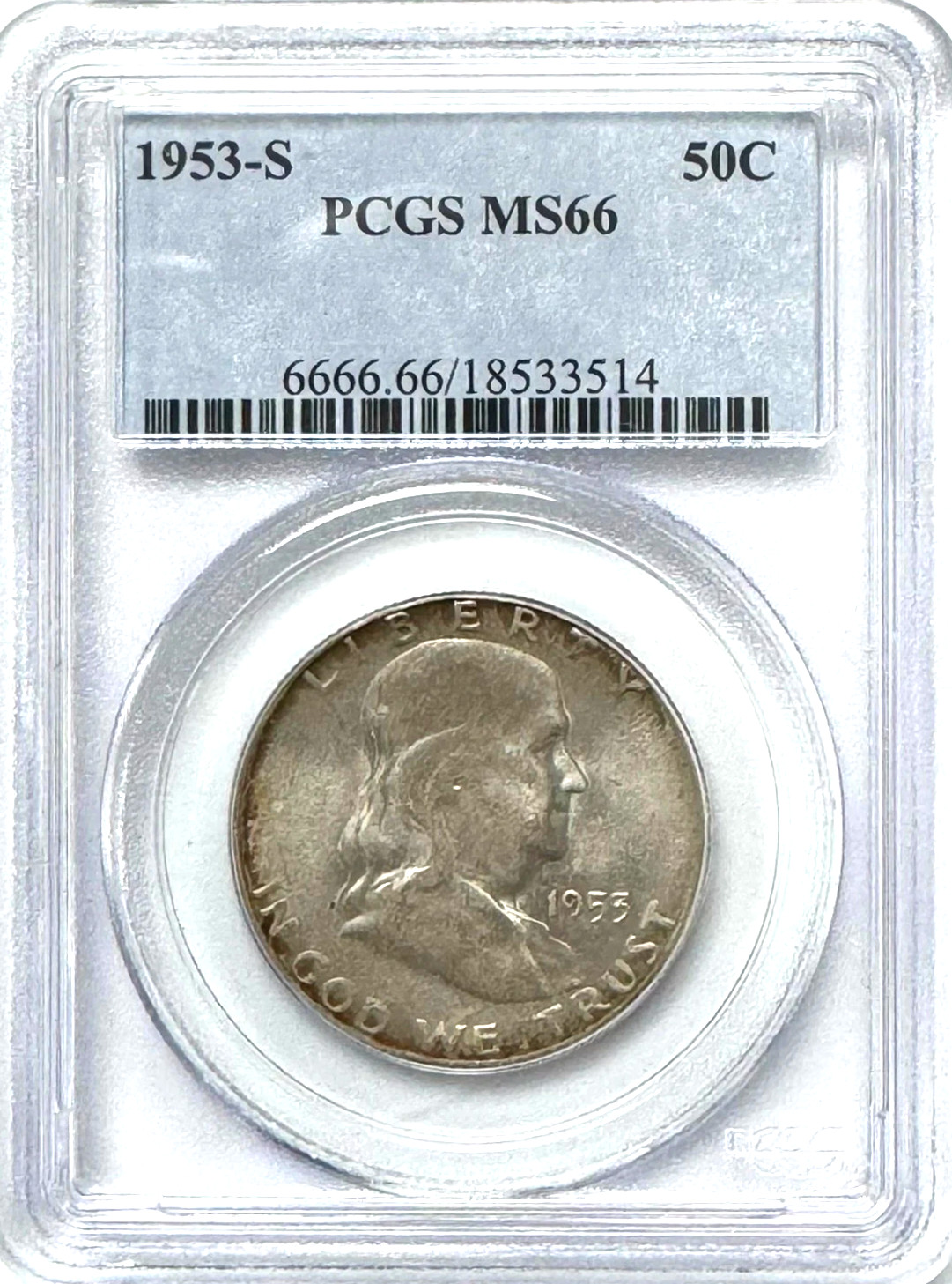 1953-S Franklin Half Dollar 50c PCGS MS66 Toned Silver Coin-SEE STORE WW2 MEDALS